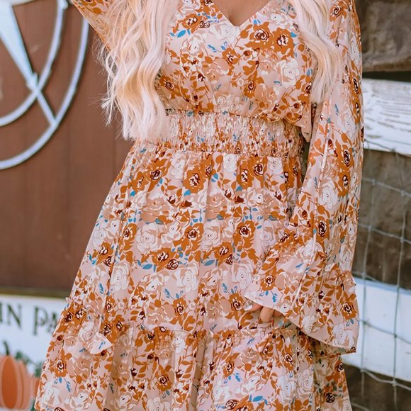 Orange Floral Smocked Waist Dress - Picture 3 of 11